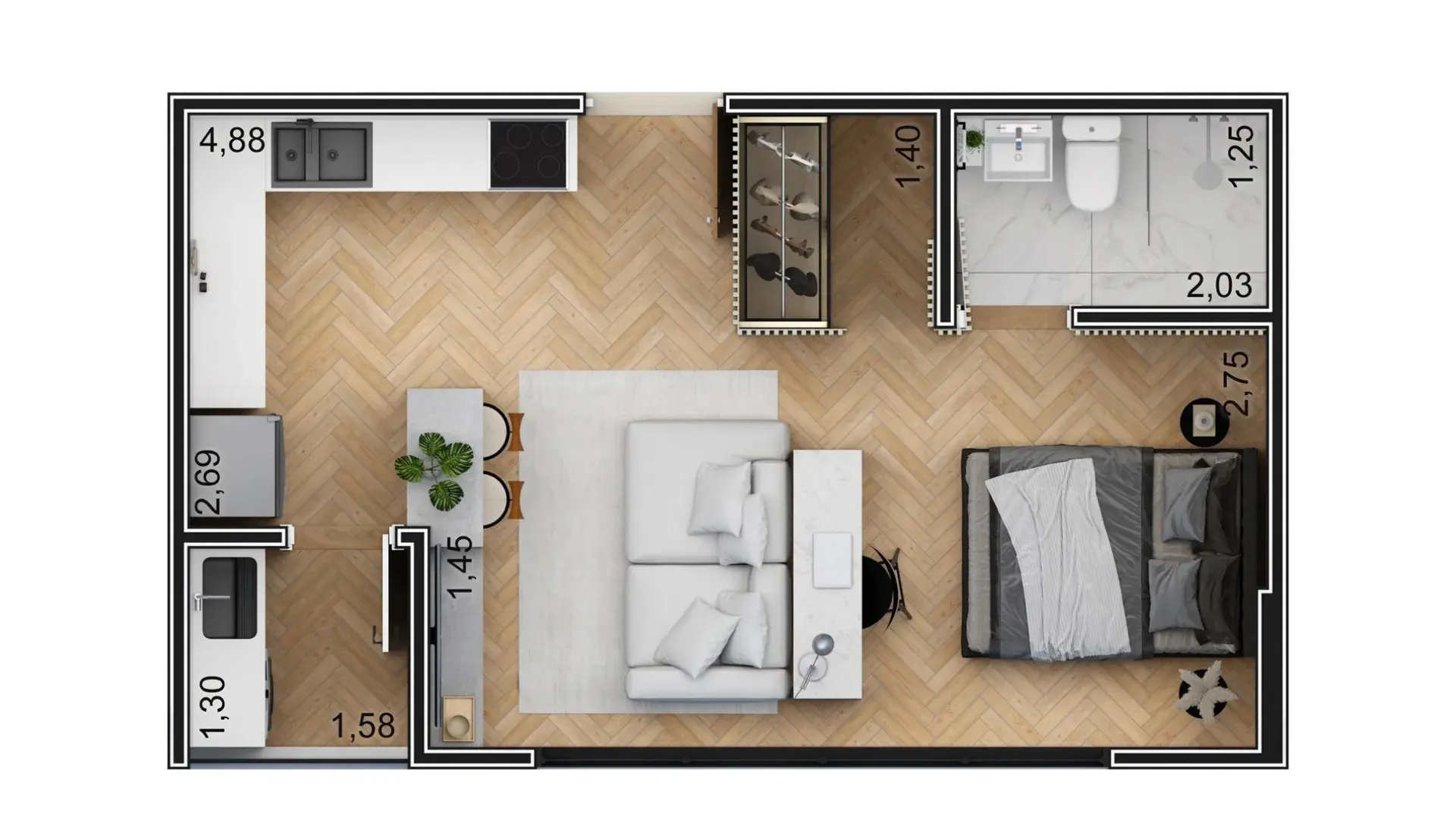 Planta Humanizada do Estúdio de 32m² do Liv Onze55