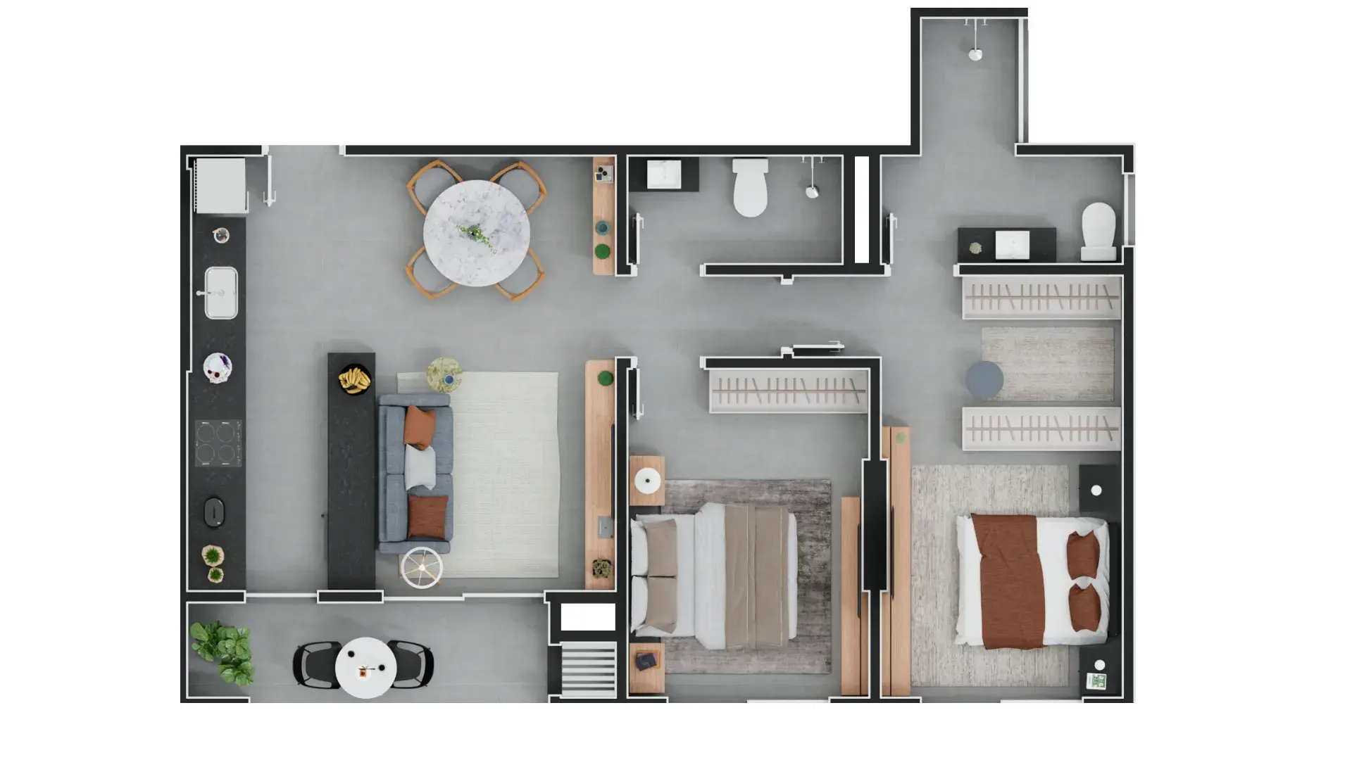 Planta baixa do apartamento de 72m² do Liv Sintonia