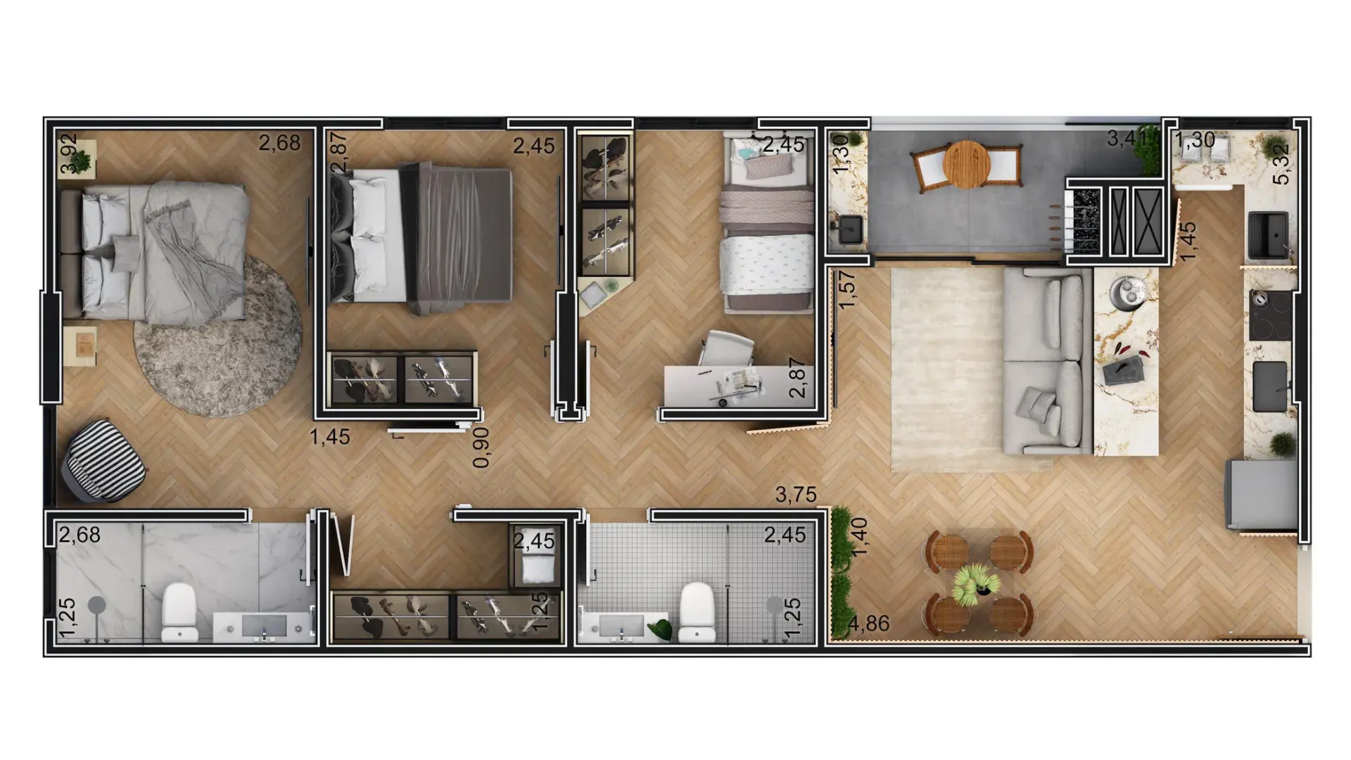 Planta Humanizada do Apartamento de 72m² do Liv Onze55
