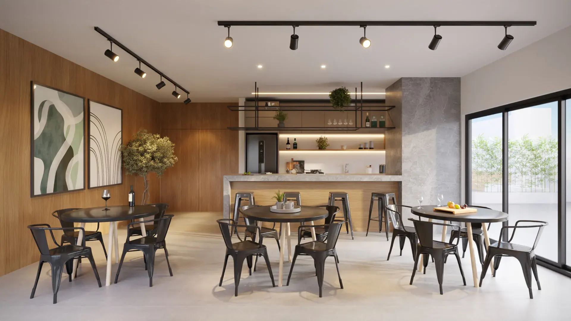 Espaço gourmet do Liv Sintonia com bar e mesas
