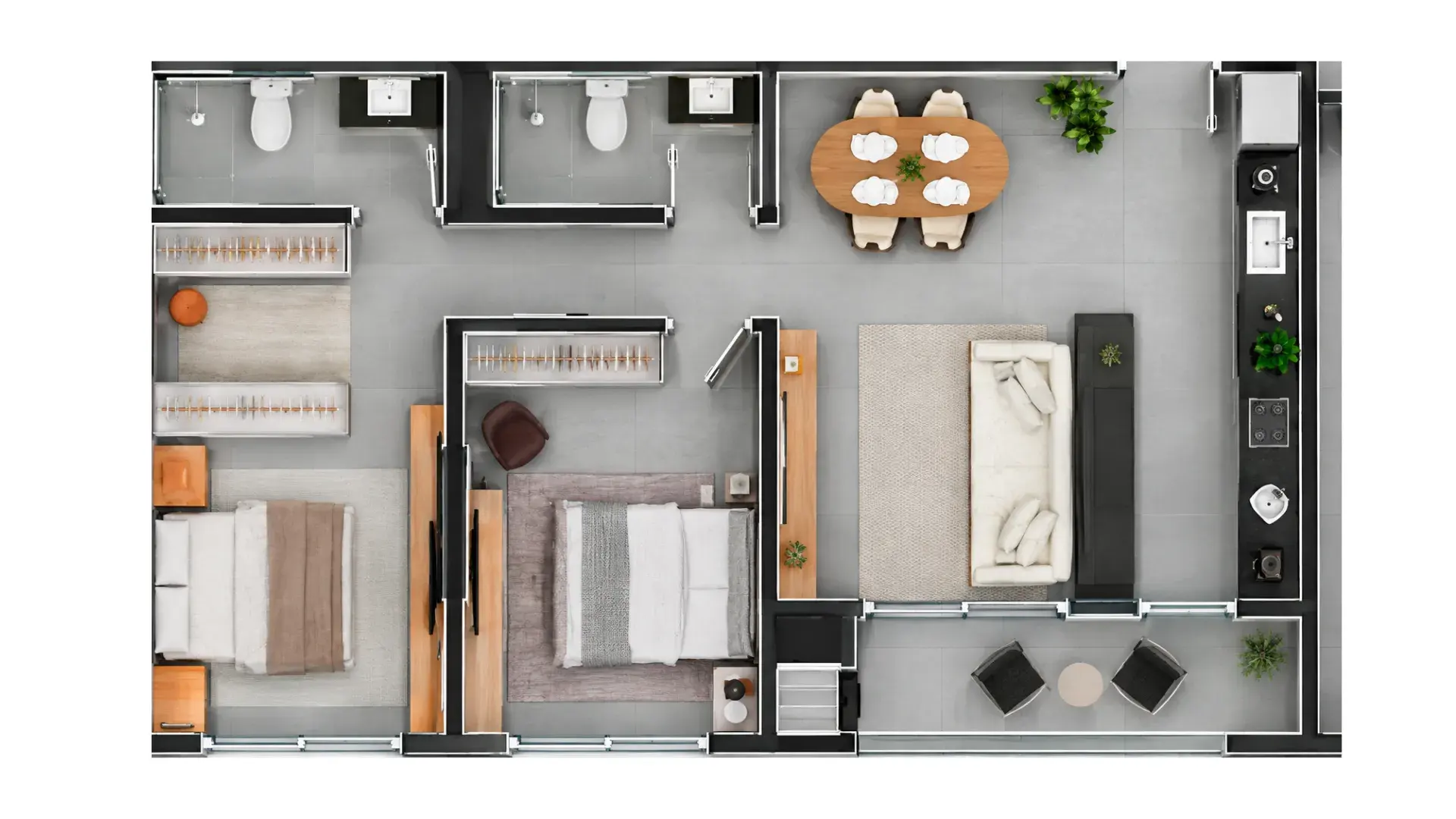 Planta baixa do apartamento de 69m² do Liv Sintonia