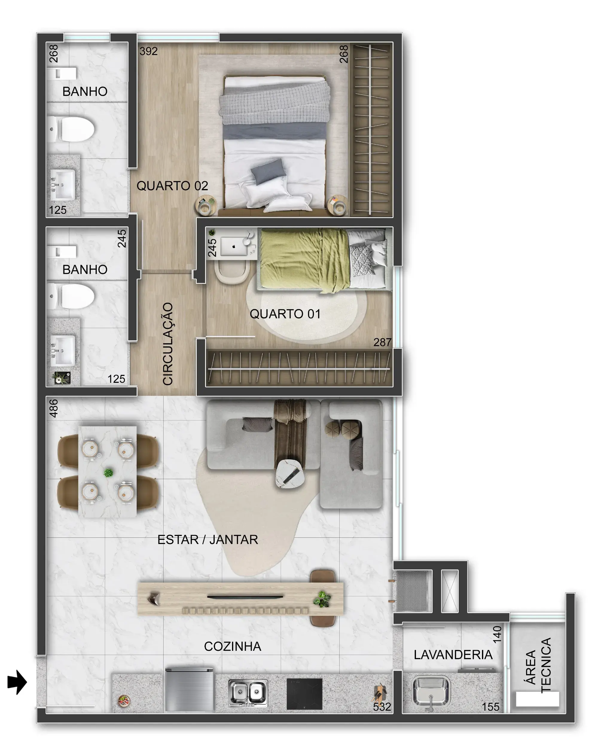 Planta humanizada do Apartamento de 63m² do Liv Essenza