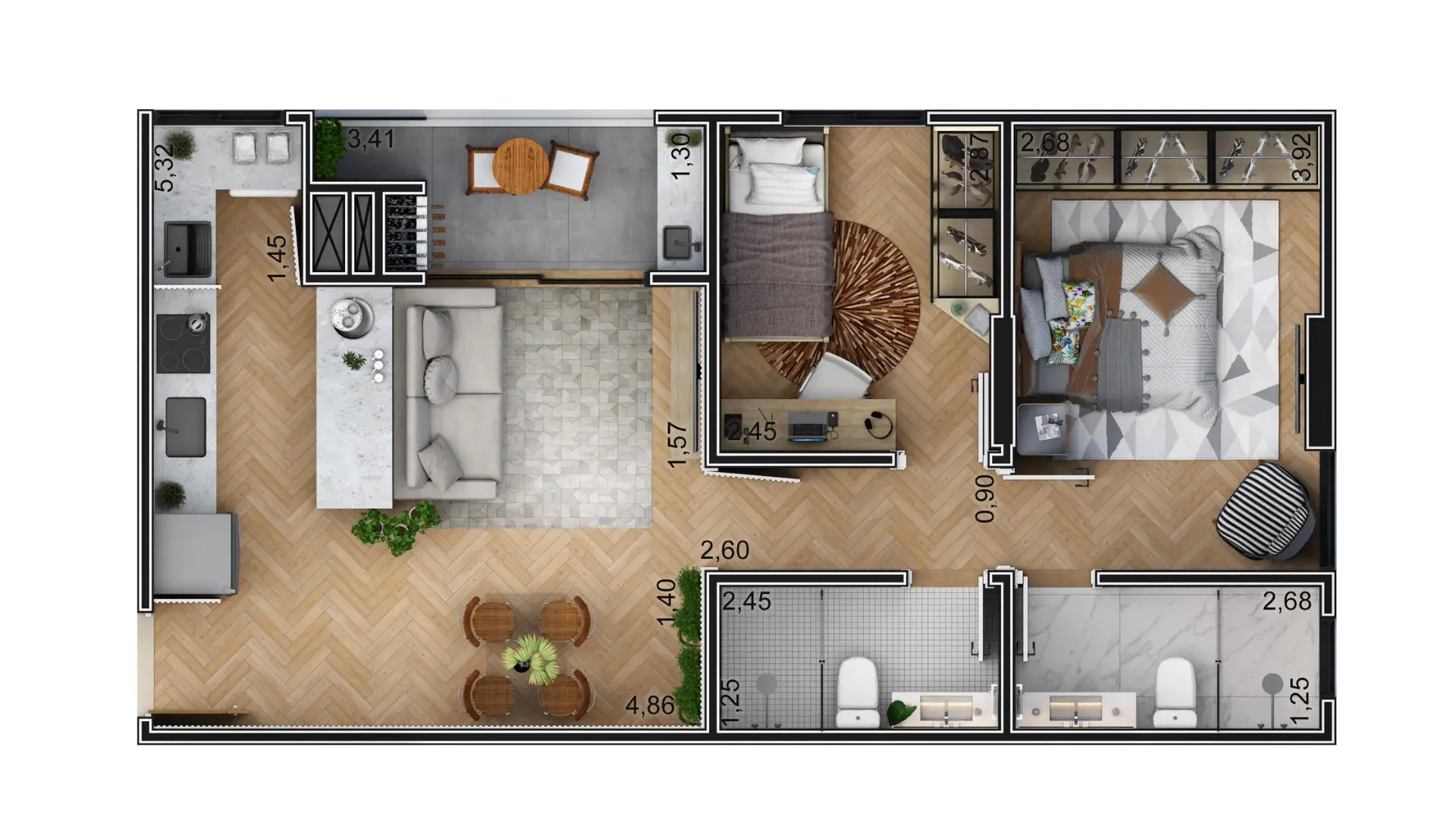 Planta Humanizada do Apartamento de 58m² do Liv Onze55