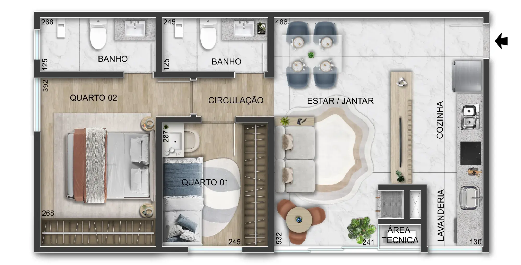 Planta humanizada do Apartamento de 58m² Liv Essenza