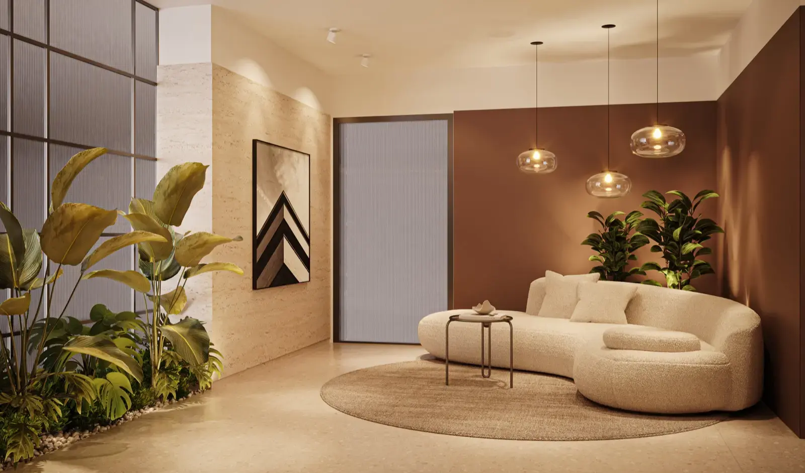 Hall de convivência do Liv Essenza, com sofá curvo e jardim interno