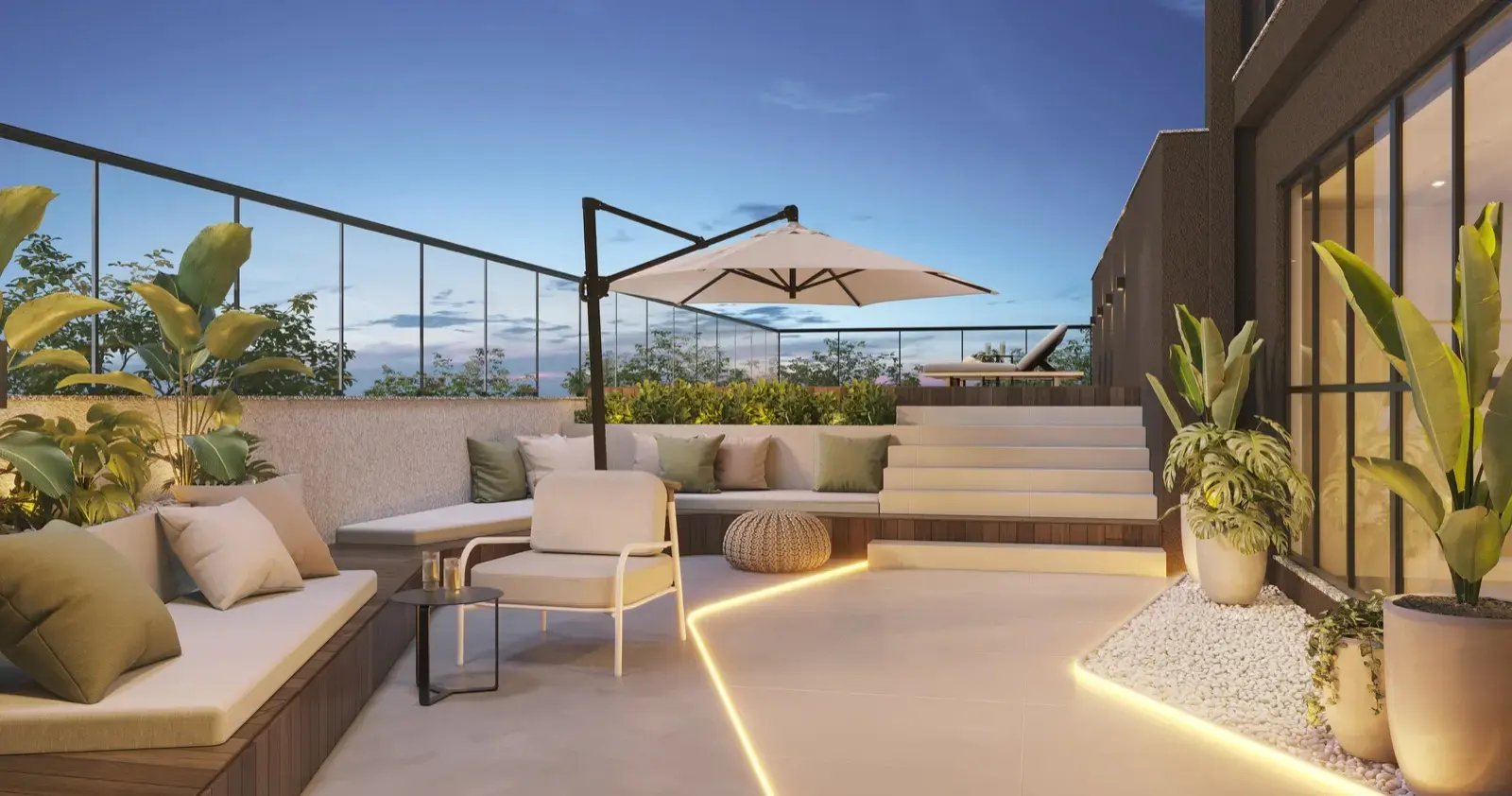 Lounge externo do Liv Essenza ao entardecer