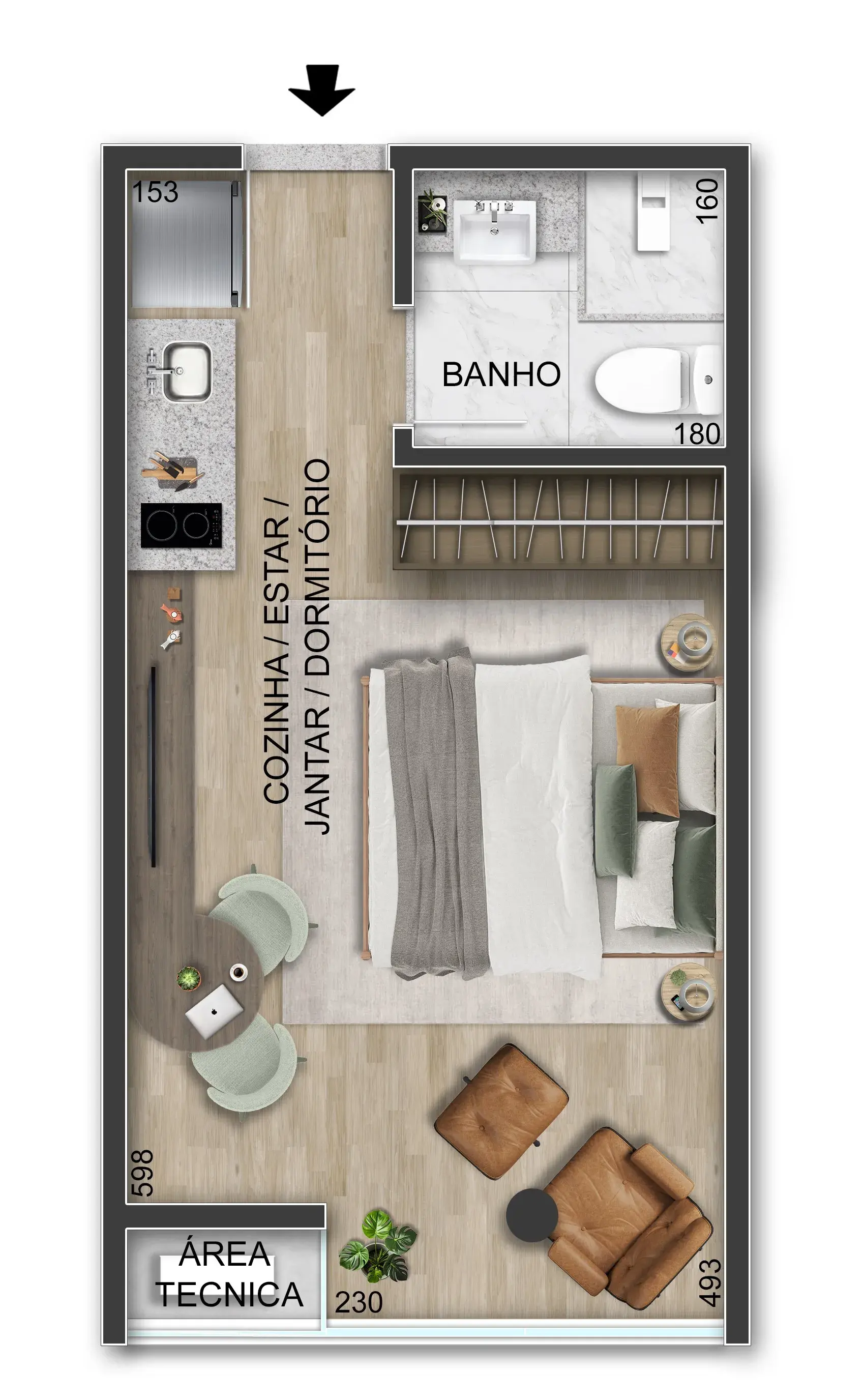 Planta humanizada do Studio de 25m² Liv Essenza