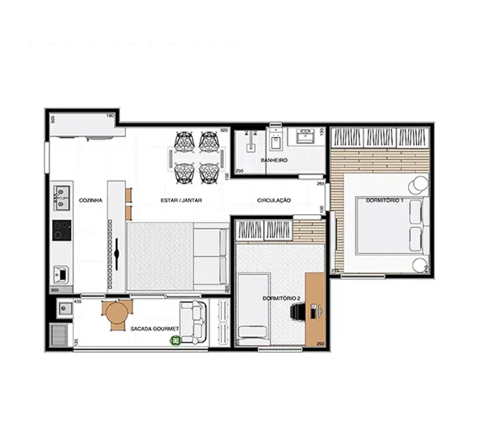 Planta humanizada do Apartamento de 64m²