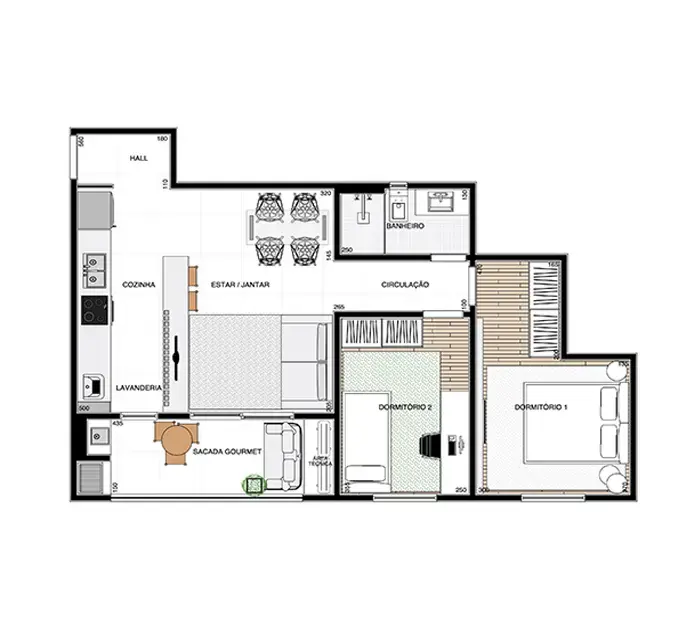 Planta humanizada do Apartamento de 65,8m²