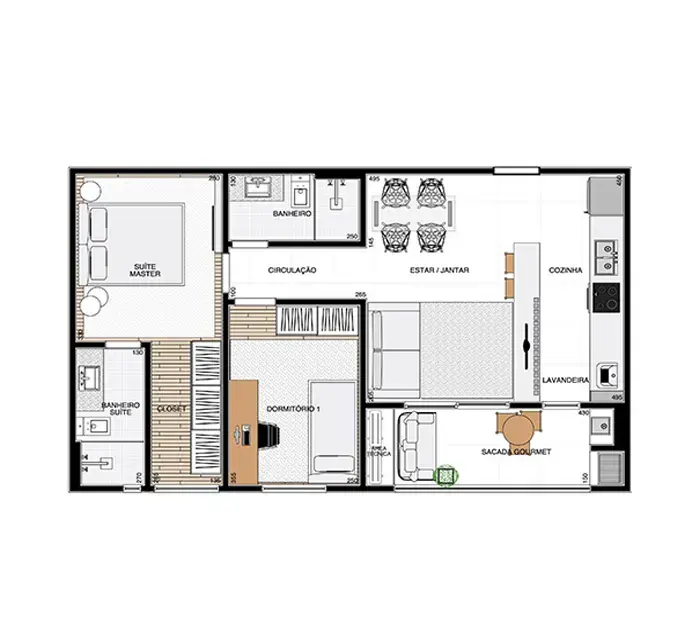 Planta humanizada do Apartamento de 68,2m²