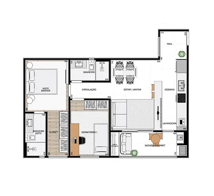 Planta humanizada do Apartamento de 73m²
